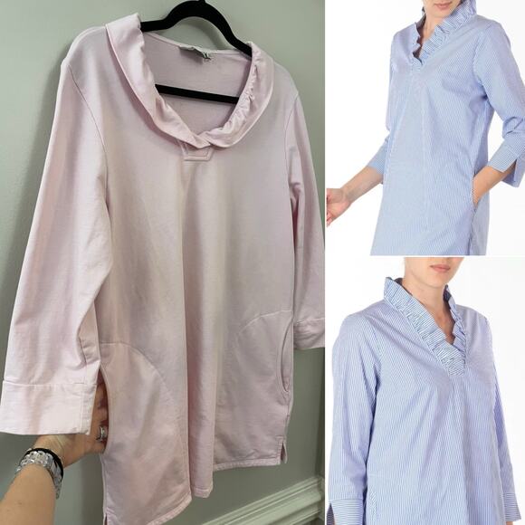 INAE Collection‎ Classic Preppy Coastal Ruffle Neck Jersey Pocket Tunic Dress M - Picture 1 of 10